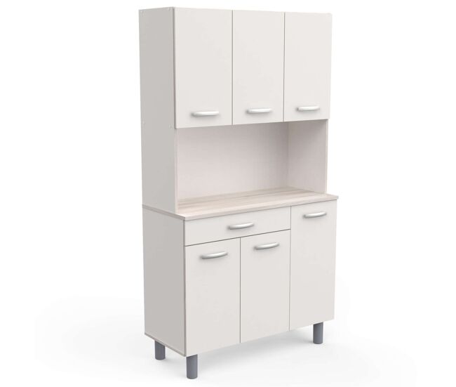 Mueble Auxiliar Cocina, Armario Cocina, Alacena Cocina Buffet 6 Puertas Blanco y Roble Acacia 101x185 cm