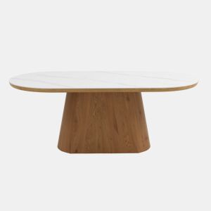Mesa de jantar oval folheada a carvalho com tampo em cerâmica