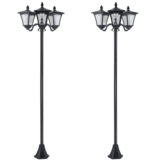 Outsunny Conjunto de 2 Candeeiros Solares de Jardim com 3 Luzes LED Impermeáveis IP44 Sensor de Noite Candeeiros de Exterior para Terraço Pátio Aço Inoxidável 51,5x47x182,5cm Preto