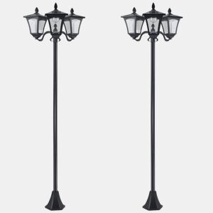 Outsunny Conjunto de 2 Candeeiros Solares de Jardim com 3 Luzes LED Impermeáveis IP44 Sensor de Noite Candeeiros de Exterior para Terraço Pátio Aço Inoxidável 51,5x47x182,5cm Preto