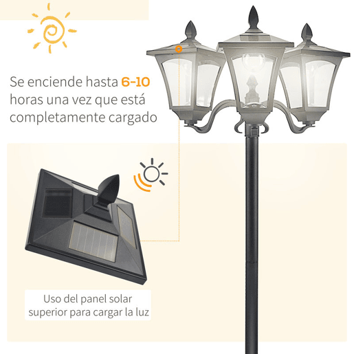 Outsunny Conjunto de 2 Candeeiros Solares de Jardim com 3 Luzes LED Impermeáveis IP44 Sensor de Noite Candeeiros de Exterior para Terraço Pátio Aço Inoxidável 51,5x47x182,5cm Preto
