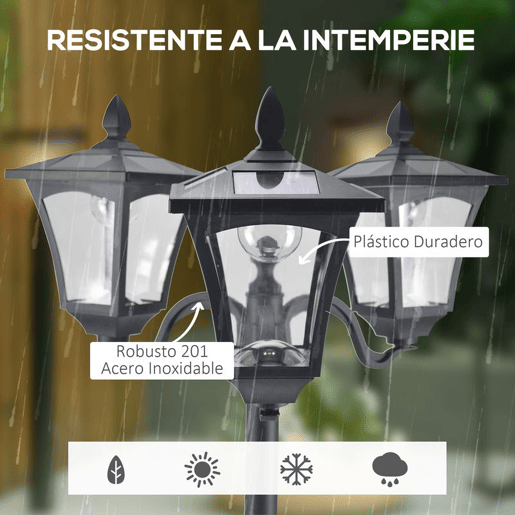 Outsunny Conjunto de 2 Candeeiros Solares de Jardim com 3 Luzes LED Impermeáveis IP44 Sensor de Noite Candeeiros de Exterior para Terraço Pátio Aço Inoxidável 51,5x47x182,5cm Preto