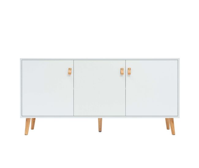 Anzio aparador de salón con 3 puertas y patas de madera de pino 140x68x35 cm color blanco mate