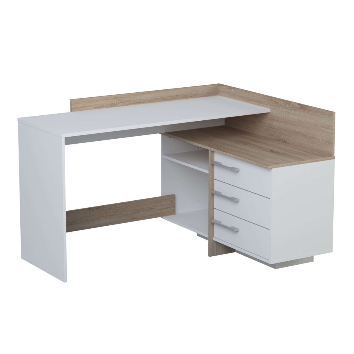 Mesa escritorio con cajonera color blanco perla y roble cepillado 128 cm