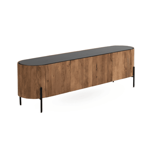 Mesa de TV com forma elíptica 4 portas em madeira de manga