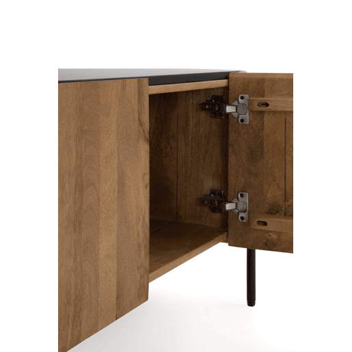 Mesa de TV com forma elíptica 4 portas em madeira de manga