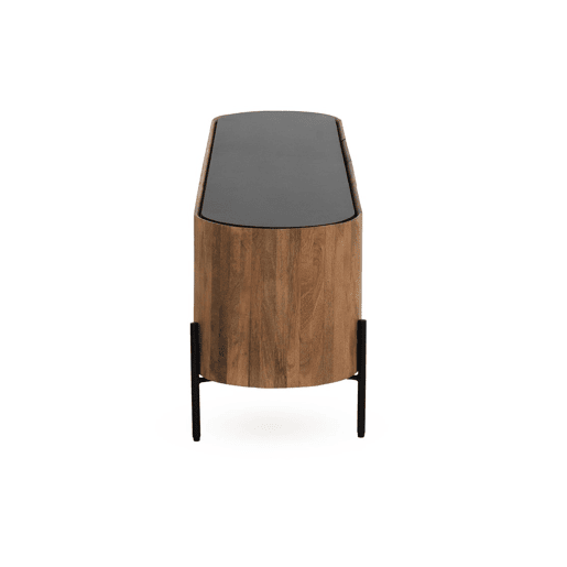 Mesa de TV com forma elíptica 4 portas em madeira de manga