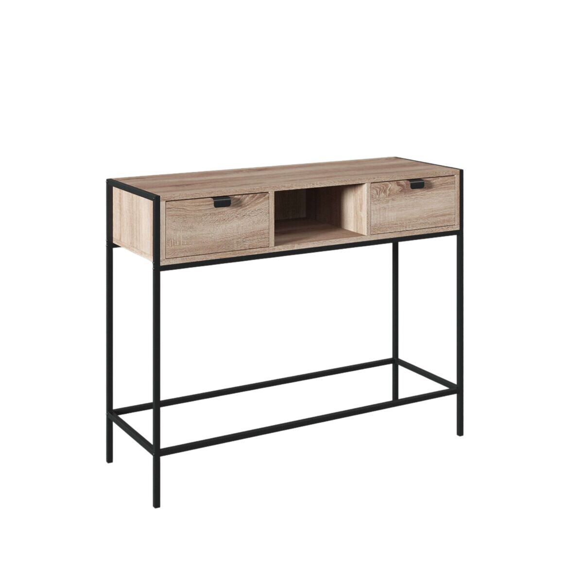 Mueble recibidor de entrada aliaj 2 cajones 1 hueco central negro y roble claro 100 cm