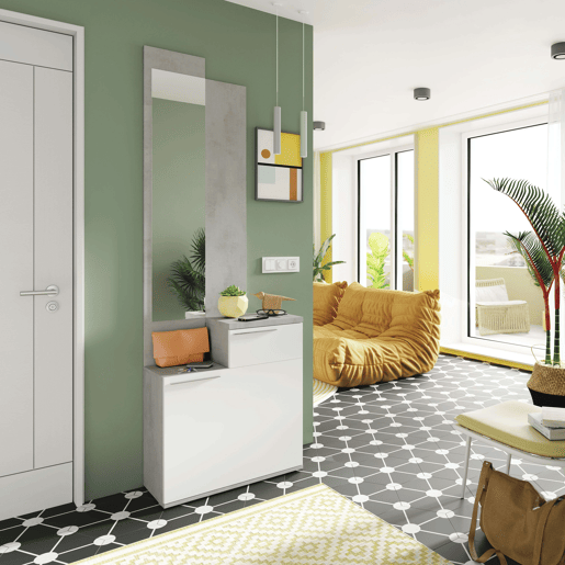 Móvel de corredor Karen com espelho e sapateira em Artik Branco e Cimento 61x185x28 cm Móvel de corredor Karen com espelho e sapateira em Artik Branco e Cimento 61x185x28 cm