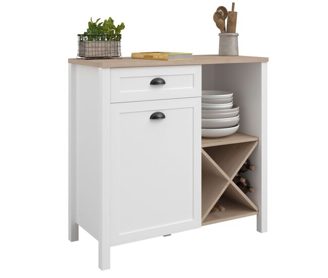 Mueble de Cocina Buffet Bajo Coper con Botellero Estilo Nórdico Color Blanco y Roble Jackson 95x92 cm