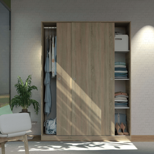Grande guarda-roupa tibetano com 3 portas de correr em carvalho cambriano, branco fosco ou carvalho e branco 150x200 cm