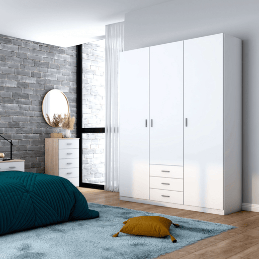 Guarda-roupa Miroytengo Roma com 3 portas e 3 gavetas, branco, para closets, quartos, 216 x 149 x 53 cm