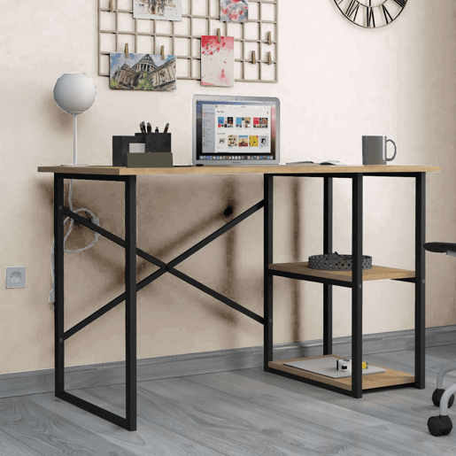 Mesa de escritório Rus com 2 prateleiras industriais, carvalho e preto, 120 cm Mesa de escritório Rus com 2 prateleiras industriais, carvalho e preto, 120 cm