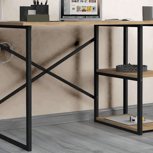 Mesa de escritório Rus com 2 prateleiras industriais, carvalho e preto, 120 cm Mesa de escritório Rus com 2 prateleiras industriais, carvalho e preto, 120 cm