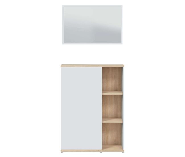 Mueble Recibidor Consola Auxiliar con Espejo Adhara en Blanco Artik y Roble Canadian 77x106x24 cm