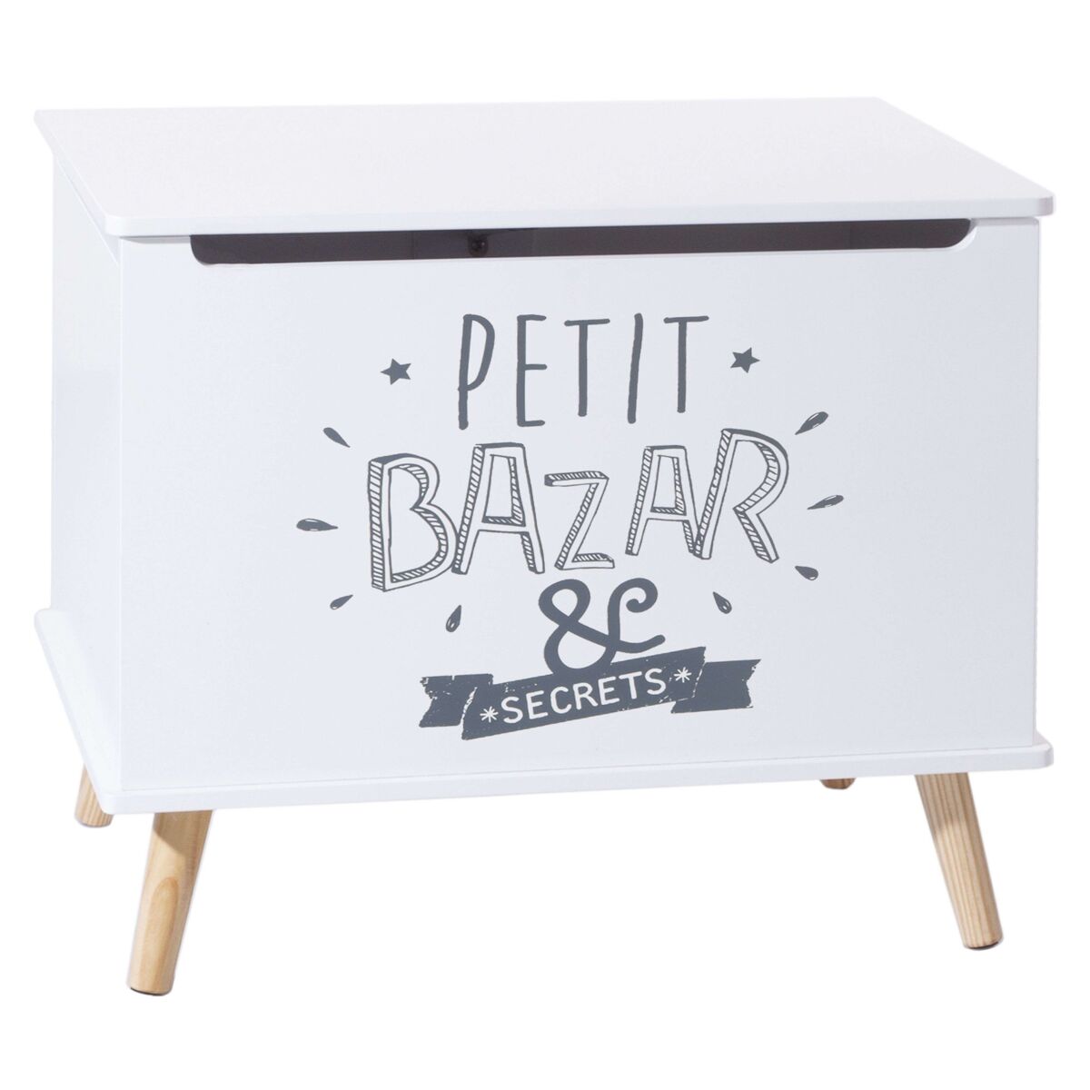 Baúl infantil, melamina blanca, 58 cm, 1 cajón, patas, estampado.