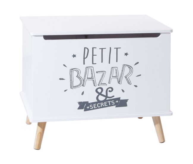 Baúl infantil, melamina blanca, 58 cm, 1 cajón, patas, estampado.