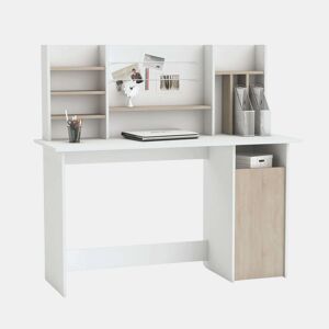 Mesa de computador com loft de 135 cm. Branca e carvalho. Ideal para quarto de jovens, escritório ou sala de estudo.