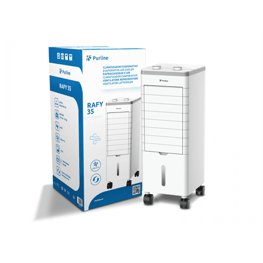 Arrefecedor evaporativo compacto com persianas dobráveis Design compacto. 60W. Caudal: 350m3h. Arrefecedor evaporativo compacto com persianas dobráveis Design compacto. 60W. Caudal: 350m3h.