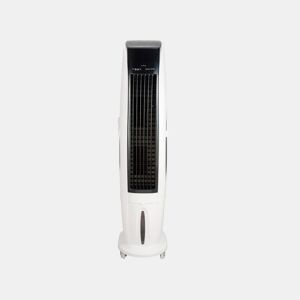 Refrigerador evaporativo com painel LED, 6 velocidades, temporizador (24h) e oscilação automática, tem também uma dupla função de humidificação e purificação do ar, com um consumo optimizado que não excede os 350W.
