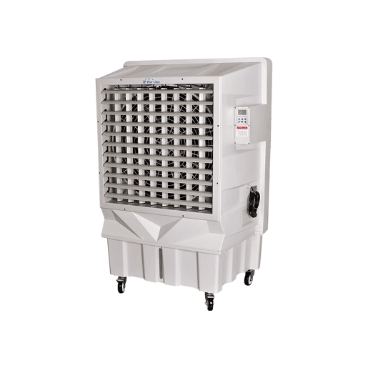Refrigerador evaporativo de alto fluxo com painel evaporativo. Ionizador e painel LCD digital