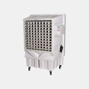 Refrigerador evaporativo de alto fluxo com painel evaporativo. Ionizador e painel LCD digital
