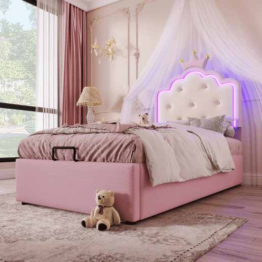 Cama contentora estofada 90x200 cm em imitação de pele - com LED e estrado - Rosa