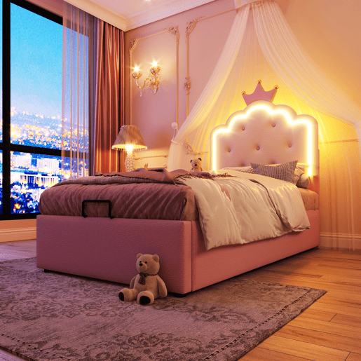 Cama contentora estofada 90x200 cm em imitação de pele - com LED e estrado - Rosa