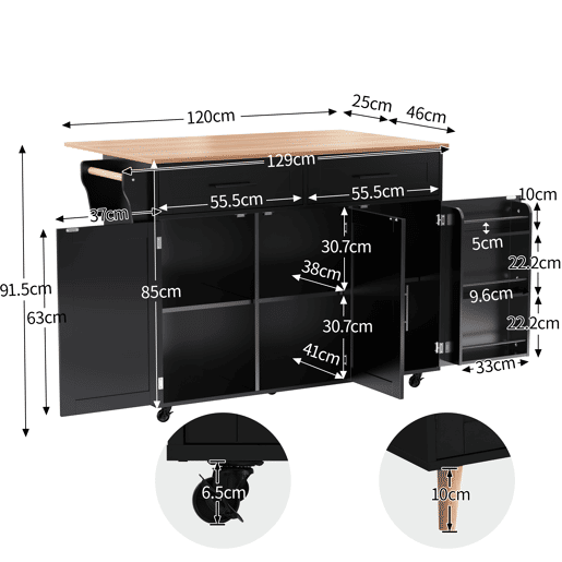 Aparador com consola rebatível - 2 gavetas + portas de armário - Preto