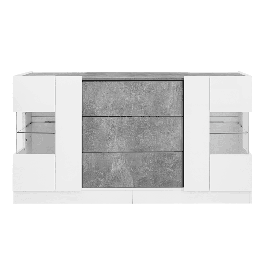 Aparador com LED - 2 portas e 3 gavetas - frente branca brilhante e efeito mármore cinzento - Branco