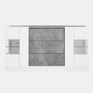 Aparador com LED - 2 portas e 3 gavetas - frente branca brilhante e efeito mármore cinzento - Branco