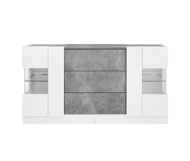 Aparador con led - 2 puertas y 3 cajones - frente blanco brillo y efecto mármol gris - blanco