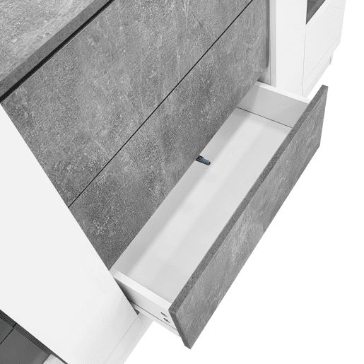Aparador com LED - 2 portas e 3 gavetas - frente branca brilhante e efeito mármore cinzento - Branco