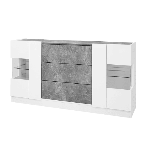 Aparador com LED - 2 portas e 3 gavetas - frente branca brilhante e efeito mármore cinzento - Branco