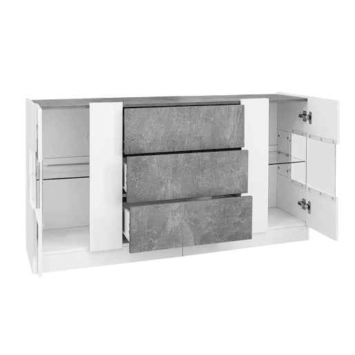 Aparador com LED - 2 portas e 3 gavetas - frente branca brilhante e efeito mármore cinzento - Branco