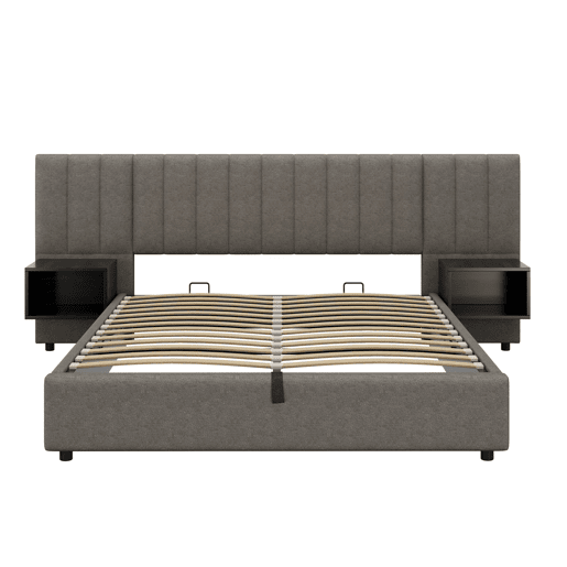 Cama contentora em tecido de linho 160x200 cm - com 2 mesas de cabeceira e estrado de molas - Cinzento