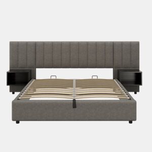 Cama contentora em tecido de linho 160x200 cm - com 2 mesas de cabeceira e estrado de molas - Cinzento