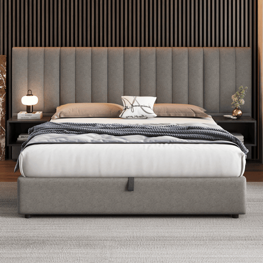 Cama contentora em tecido de linho 160x200 cm - com 2 mesas de cabeceira e estrado de molas - Cinzento
