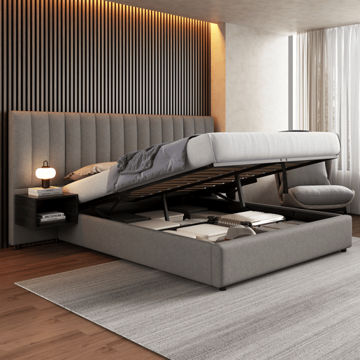 Cama contentora em tecido de linho 160x200 cm - com 2 mesas de cabeceira e estrado de molas - Cinzento