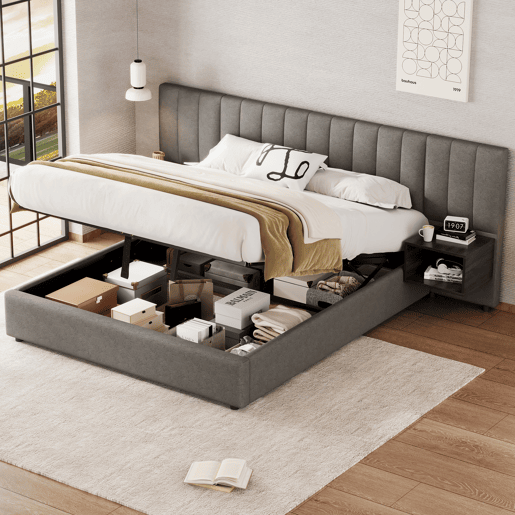 Cama contentora em tecido de linho 160x200 cm - com 2 mesas de cabeceira e estrado de molas - Cinzento