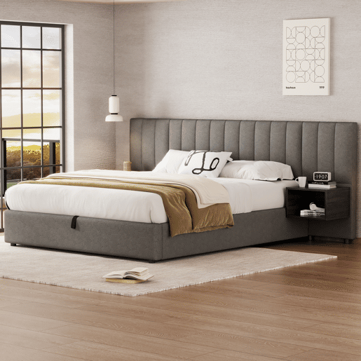 Cama contentora em tecido de linho 160x200 cm - com 2 mesas de cabeceira e estrado de molas - Cinzento
