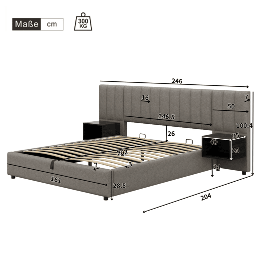 Cama contentora em tecido de linho 160x200 cm - com 2 mesas de cabeceira e estrado de molas - Cinzento