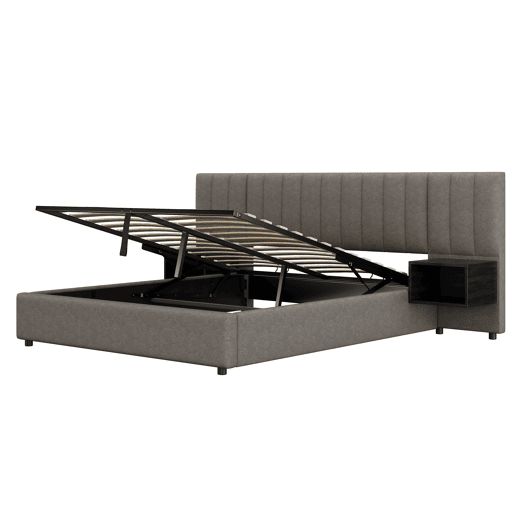 Cama contentora em tecido de linho 160x200 cm - com 2 mesas de cabeceira e estrado de molas - Cinzento