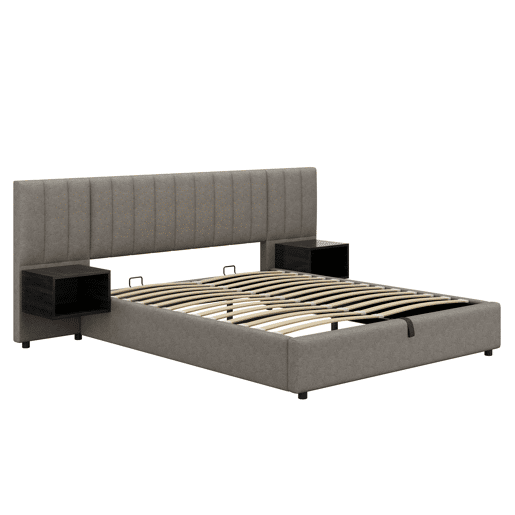 Cama contentora em tecido de linho 160x200 cm - com 2 mesas de cabeceira e estrado de molas - Cinzento