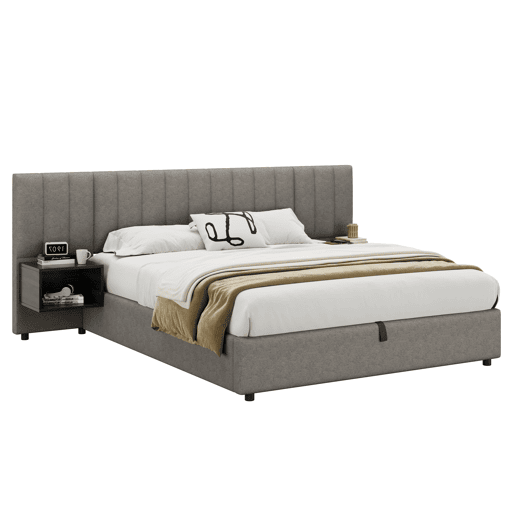 Cama contentora em tecido de linho 160x200 cm - com 2 mesas de cabeceira e estrado de molas - Cinzento