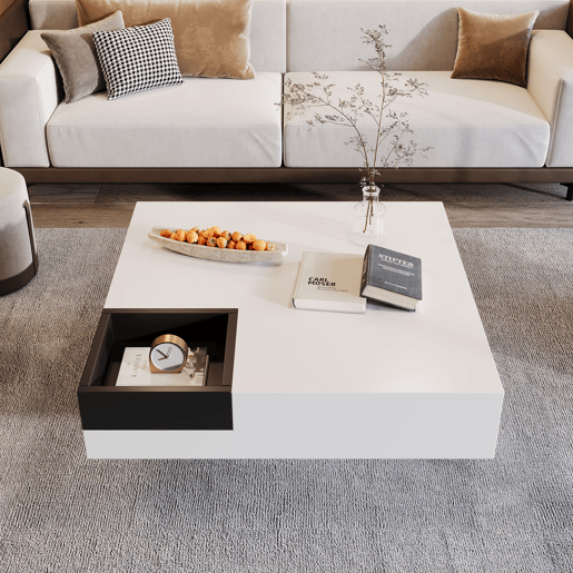 Mesa de centro quadrada com caixa de arrumação extraível - Luzes LED na parte inferior - Branco