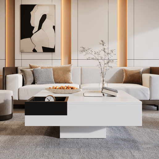 Mesa de centro quadrada com caixa de arrumação extraível - Luzes LED na parte inferior - Branco