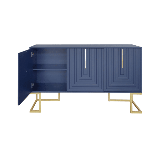 Aparador moderno com prateleiras reguláveis - 3 portas em forma de U - puxadores e base em metal - Azul