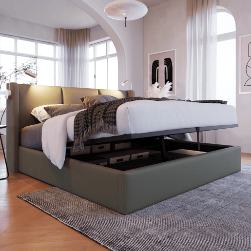 Cama para arrumação de roupa de cama 160x200 cm - com luzes de leitura e portas de carregamento USB - com estrado de ripas - Cinzento