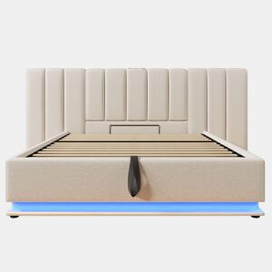 Cama contentora estofada em linho 180×200 cm - com LED e carga - com estrado de ripas - Bege